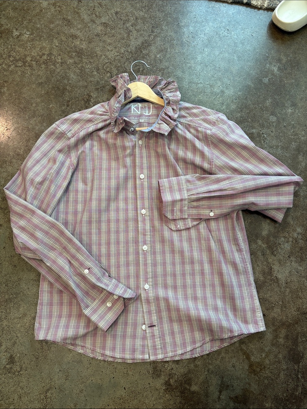 Ruffle-Collar Pink Plaid Button-Down Shirt